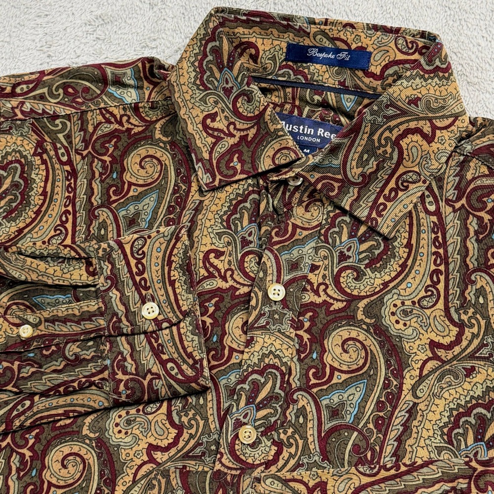 Austin Reed London Bespoke Fit Paisley Corduroy Shirt Mens Medium Burgundy Brown